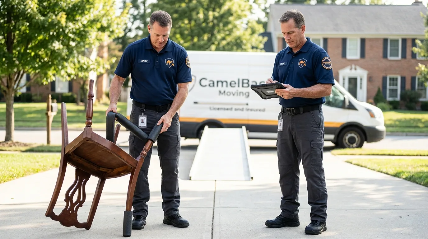 Movers inspecting furniture for damage prevention before loading in Frewsburg, NY