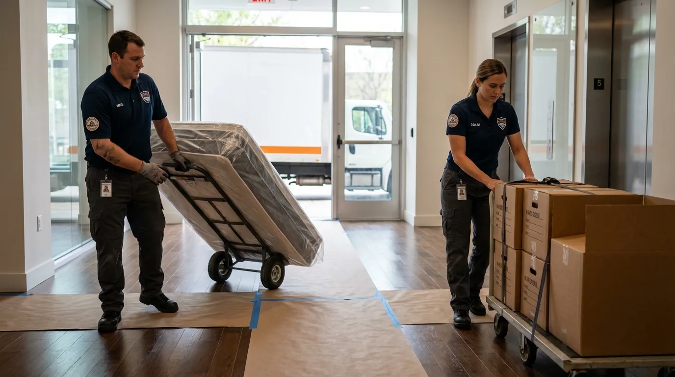 Professional apartment movers loading elevator in Frewsburg, NY