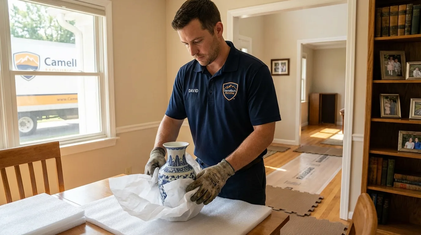 Professional crew carefully wrapping antique vase for senior downsizing move in Frewsburg, NY