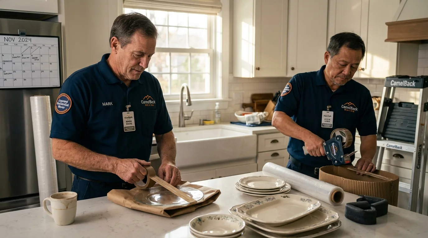 Professional crew packing kitchen dishware in Frewsburg, NY